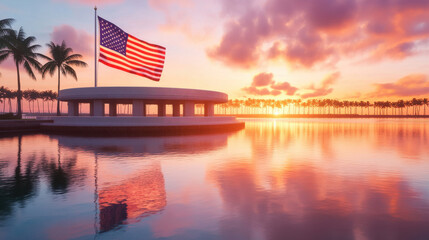 American flag waving against a vibrant sunset sky near palm trees and a monument by a calm waterfront, symbolizing patriotism and remembrance
