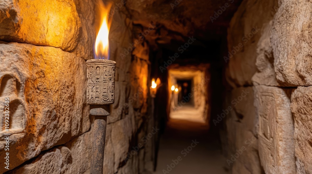 Poster ancient stone tunnel illuminated by flickering torches, creating a mystical atmosphere.