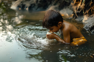 Fototapeta premium child drinking dirty water from a polluted river