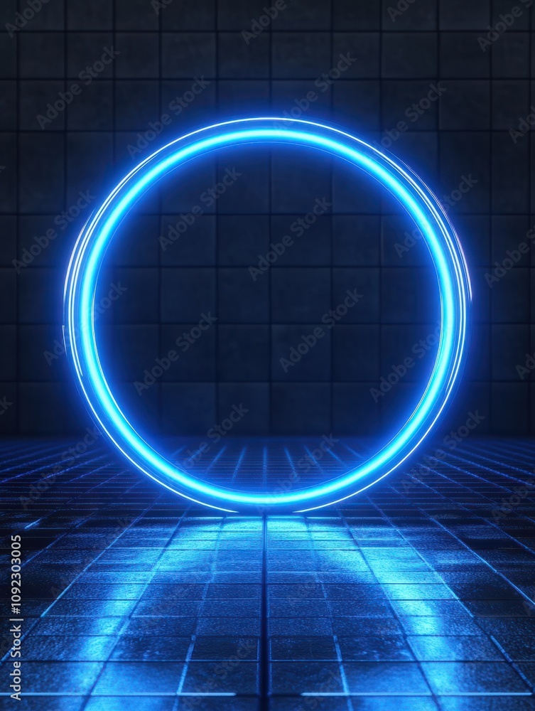 Poster glowing round digital blue interface on dark grid background with mock up place. hud, innovation, di