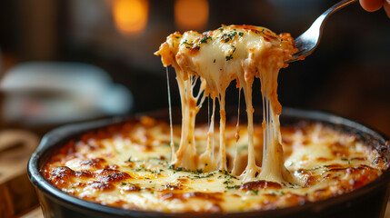 up-close view of cheesy lasagna being lifted with a fork, emphasizing the stringy texture