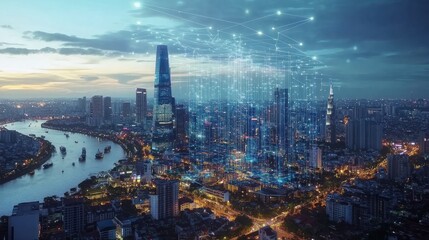Obraz premium Ho Chi Minh city in Vietnam with smart city and communication network concept. Wireless telecommunication communication technology.