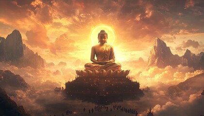 A Buddha sitting on a lotus flower with a halo above the head, a golden statue, sun rays shining through clouds over mountains in the background, generative ai