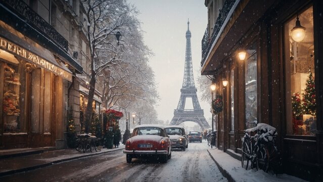 A street in Paris under the snow in winter, Eiffel tower in the background, Christmas in Paris illustration imagined by AI
