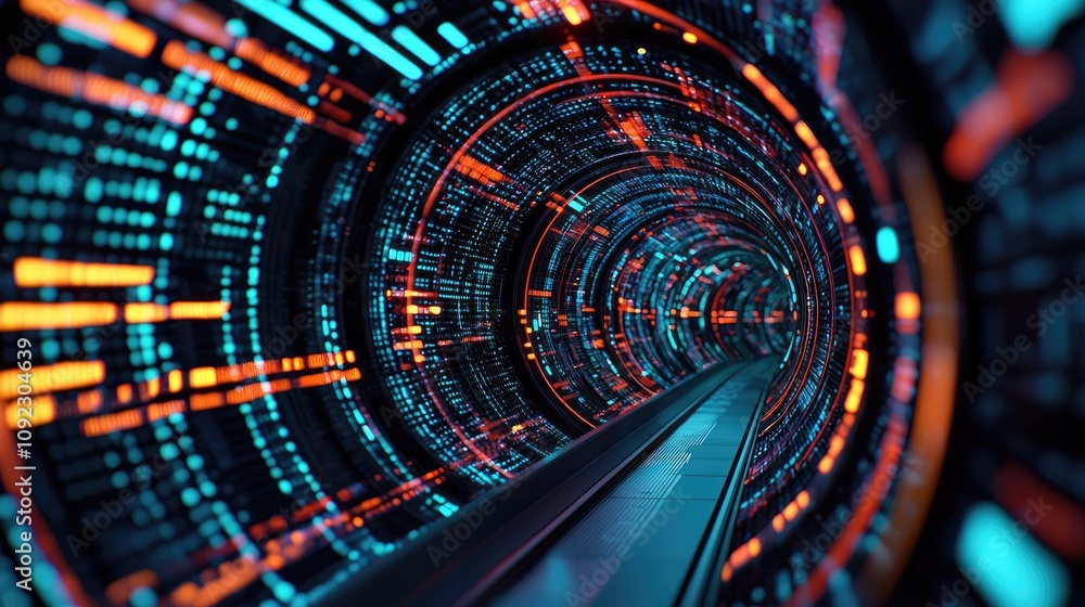 Aufkleber futuristic tunnel with glowing lines and digital patterns, immersive perspective view.