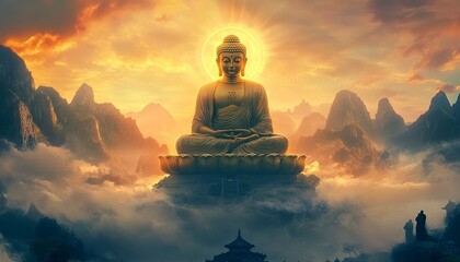 A Buddha sitting on a lotus flower with a halo above the head, a golden statue, sun rays shining through clouds over mountains in the background, generative ai