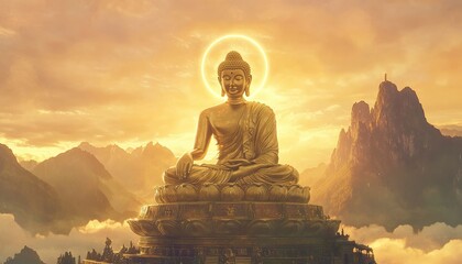 Fototapeta premium A Buddha sitting on a lotus flower with a halo above the head, a golden statue, sun rays shining through clouds over mountains in the background, generative ai