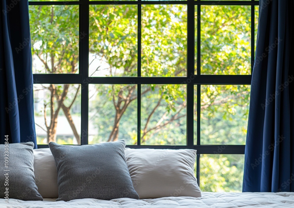 Poster a bed with pillows in front of a large window with green trees outside. ai.