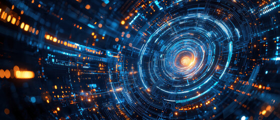 Obraz premium vibrant digital vortex with glowing blue and orange lights creates futuristic and dynamic atmosphere, symbolizing technology and innovation