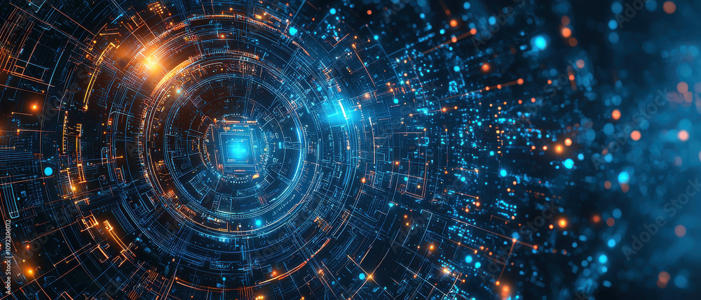 Poster futuristic digital vortex with glowing circuits and central ai processor, showcasing intricate techn