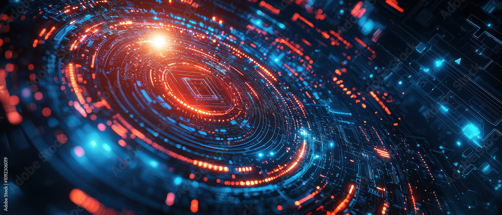Poster vibrant digital vortex with glowing red and blue lights, resembling futuristic ai chip or cpu proces