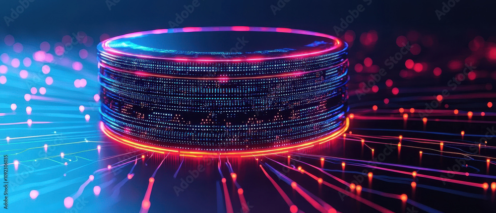 Poster futuristic isometric ai processor with glowing circuits and vibrant neon lights, showcasing advanced