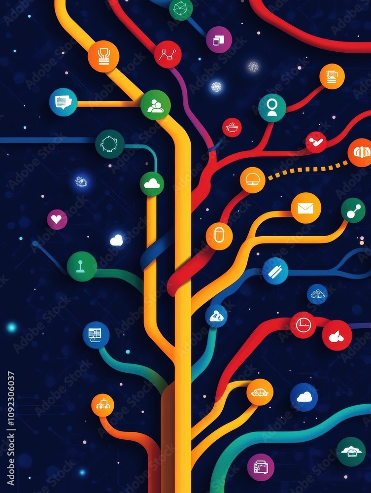 Poster this vibrant graphic visualizes interconnected data streams through various icons, representing dive
