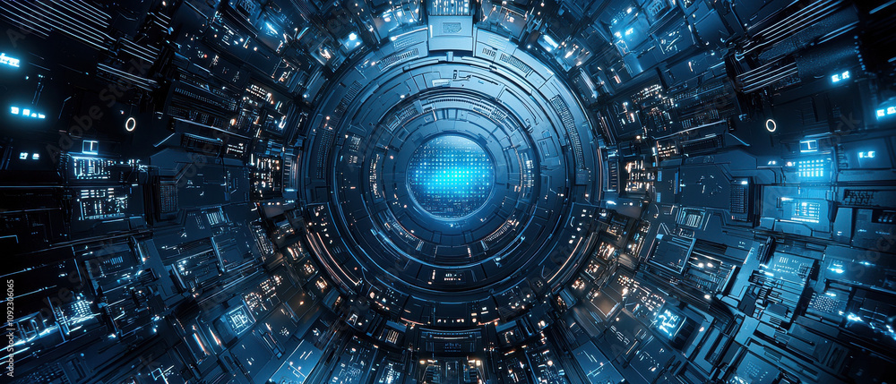 Aufkleber futuristic, isometric view of ai processor with intricate circuitry and glowing blue lights, creatin