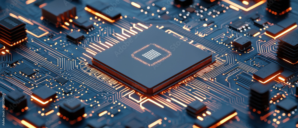 Poster futuristic concept of cpu processor with isometric view, glowing circuits, and intricate design, sho