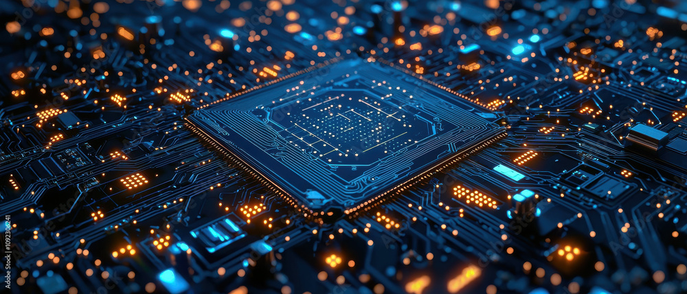 Poster glowing isometric ai chip or cpu processor with intricate circuitry and vibrant lights, showcasing a
