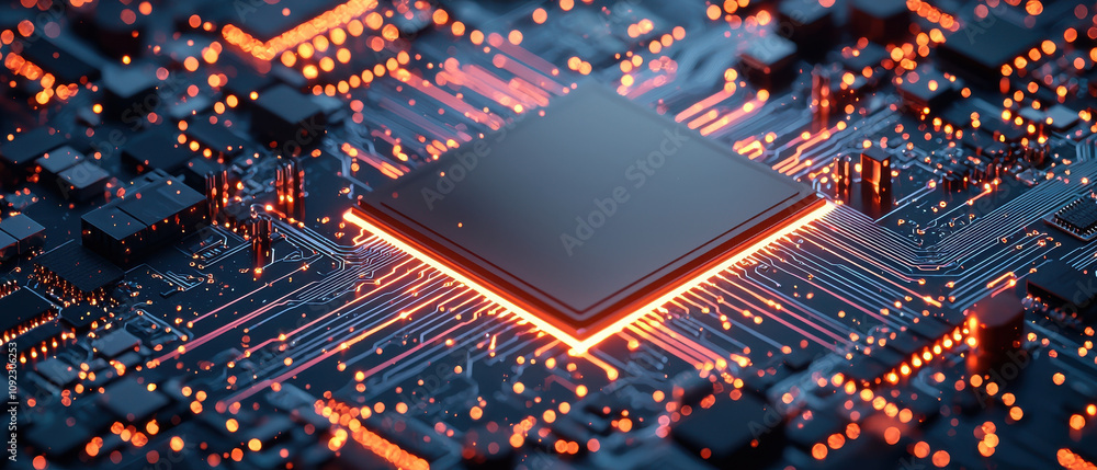 Poster glowing isometric ai chip or cpu processor with intricate circuitry and vibrant lights, showcasing a