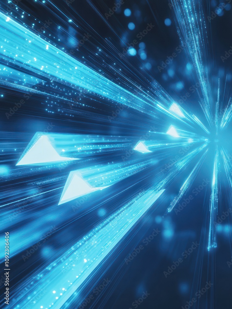 Poster panoramic glowing digital arrows on blue background with mock up place. digital transformation, grow