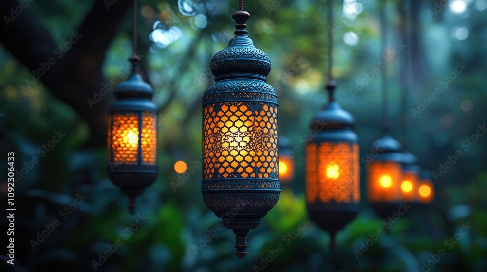 Poster lanterns with intricate arabesque patterns and warm bokeh light