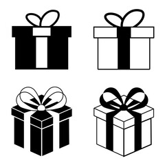 Gift box icon. Present symbol. Christmas box. Surprise with gift box in flat style. Set with gift in linear style. Vector.