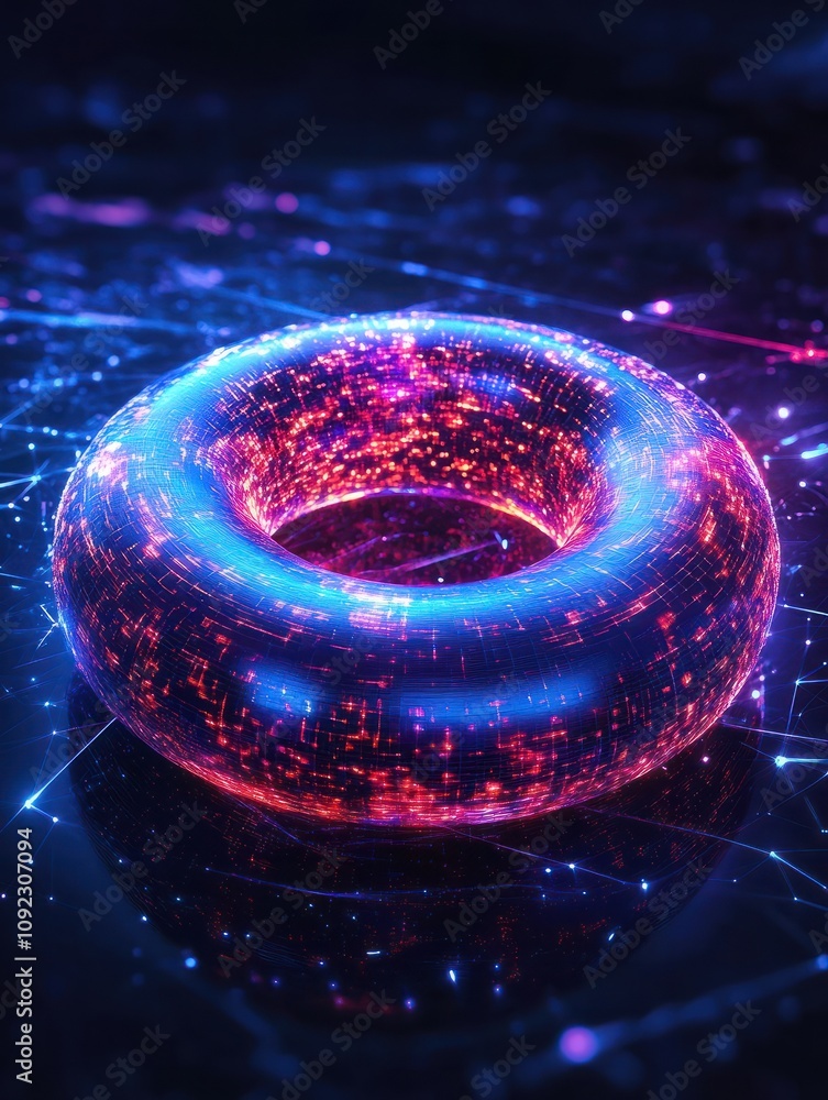 Poster polygon torus donut on blockchain technology network hud background. global cryptocurrency blockchai