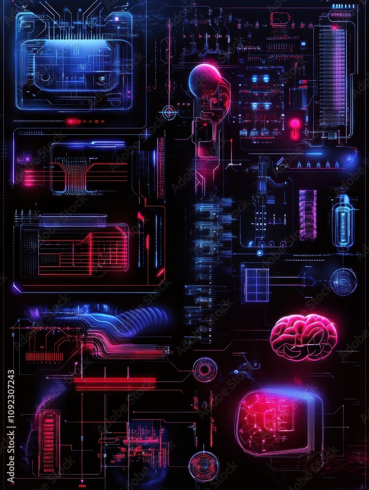 Poster a stunning visualization of a high-tech neural network interface, blending vivid neon colors and int