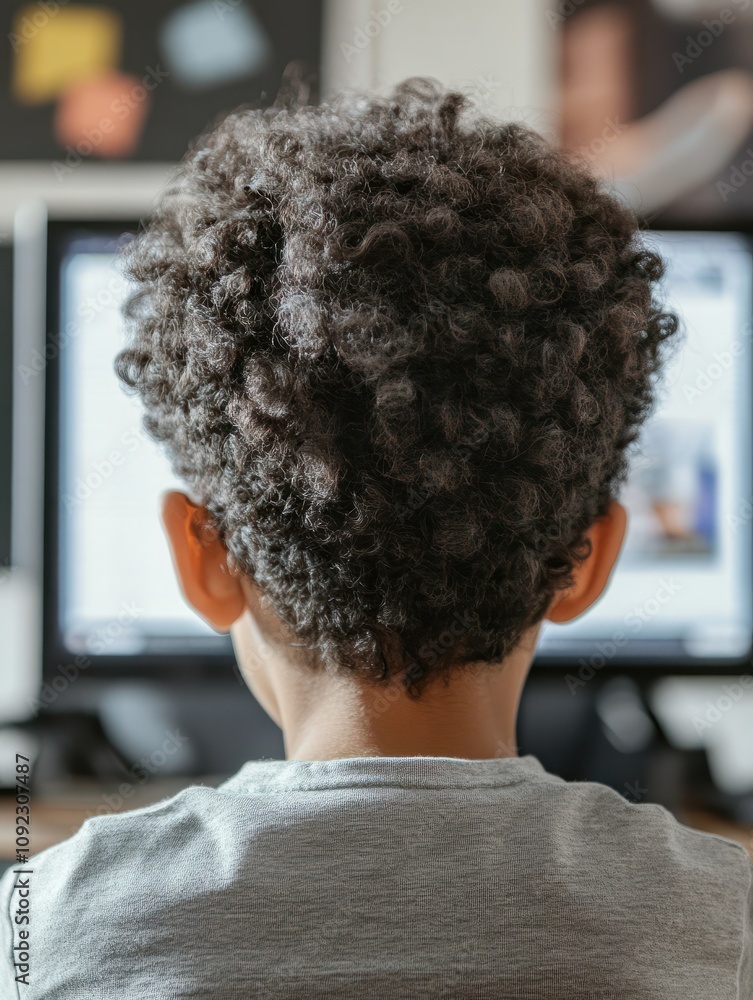 Poster rear view of multiethnic boy using desktop computer in school library. back view of mixed race child