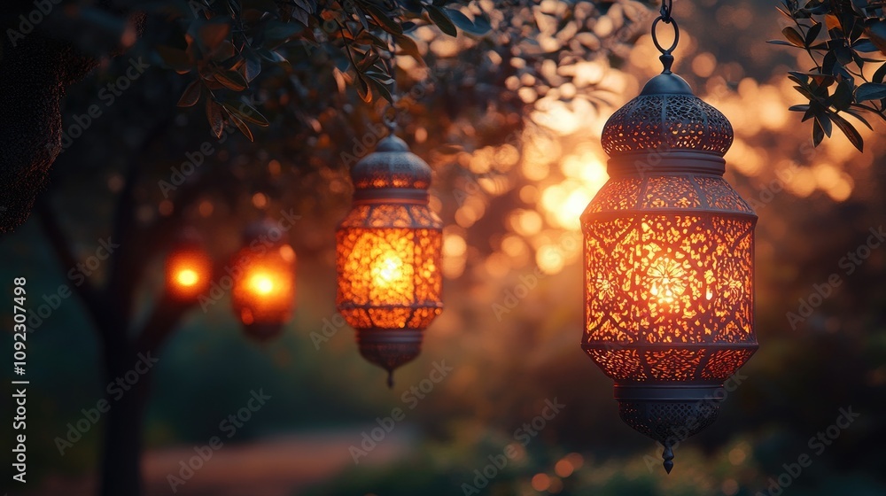 Poster arabesque lanterns with intricate patterns and soft glow