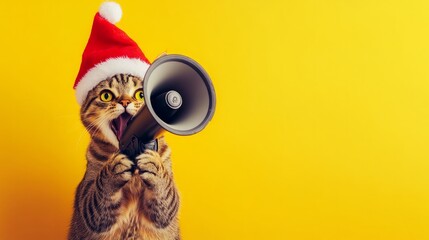 Funny tabby cat in Santa Claus hat shouting into megaphone on yellow background, copy space