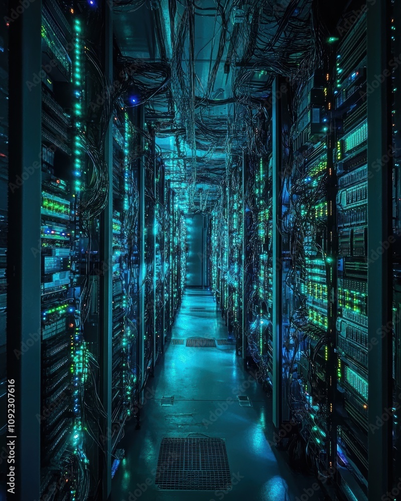 Poster a vibrant data center filled with glowing servers and tangled cables, creating a striking visual of 