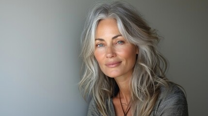 Naklejka premium portrait of 60 yo Caucasian woman with long blonde hair on light gray background with copy space.
