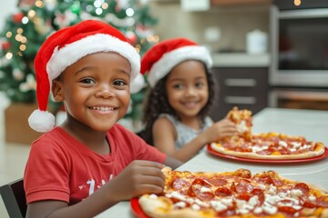 Two cheerful children wearing santa hats enjoying delicious pizza during christmas celebration at home