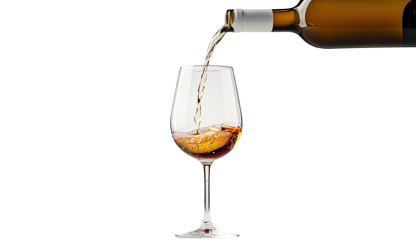 red and white wine poured from a bottle into wine glass on a transparent background