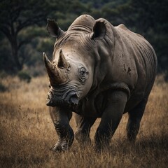 Obraz premium A rhino is a large, herbivorous mammal known for its thick skin and one or two horns made of keratin. Native to Africa and Asia, rhinos are typically found in savannas, grasslands, and forests. 