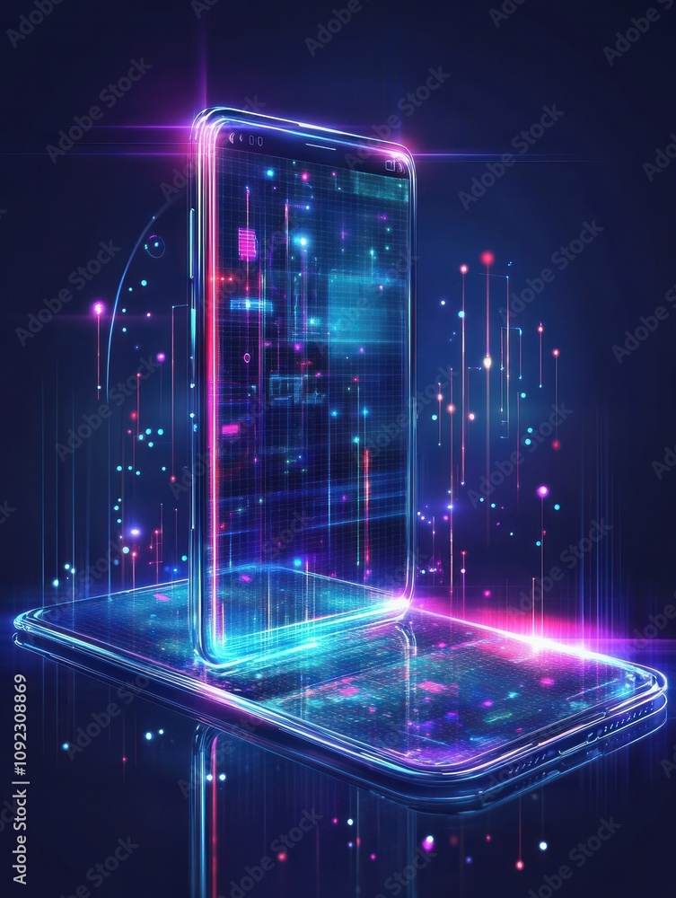 Poster smartphone with digital screen hologram. composition smart object and smart technology design. graph