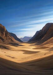 A tranquil desert landscape showcasing sweeping dunes and rugged mountains under a vibrant sky, creating a mesmerizing scene that evokes both beauty and solitude in nature's raw form.