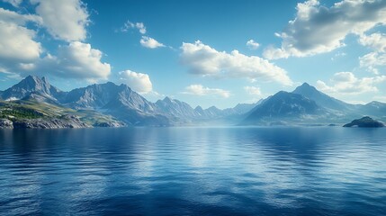 Coastal panorama of a serene, deep blue sea, edged by rugged mountains. The sky is vibrant with scattered clouds, casting playful shadows on the water, cinematic depth, realistic lighting,