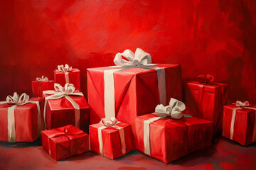 Obraz premium Festive gift boxes arrangement holiday celebration art illustration cozy indoor setting vibrant colors joyful atmosphere