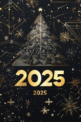 Golden christmas tree with constellations and 2025 sign on a snowy background with golden snowflakes and pine branches, celebrating new year, vertical