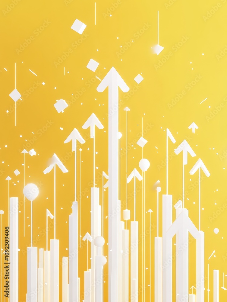 Poster start up and idea concept with white growing arrows, plus signs, pixel symbols and lines on abstract
