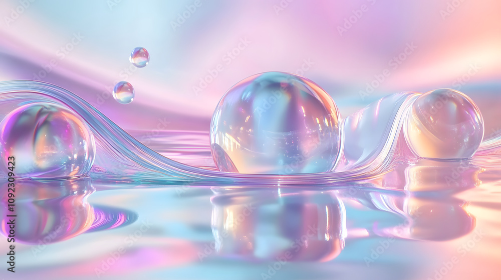 Poster abstract 3d scene with a transparent glass ribbon on water and floating geometric circles and sphere