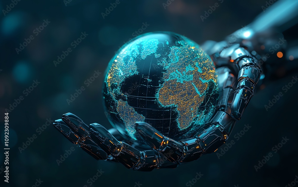 Poster 3d rendering of a digital blue robotic hand holding a world map globe, future technology concept, da
