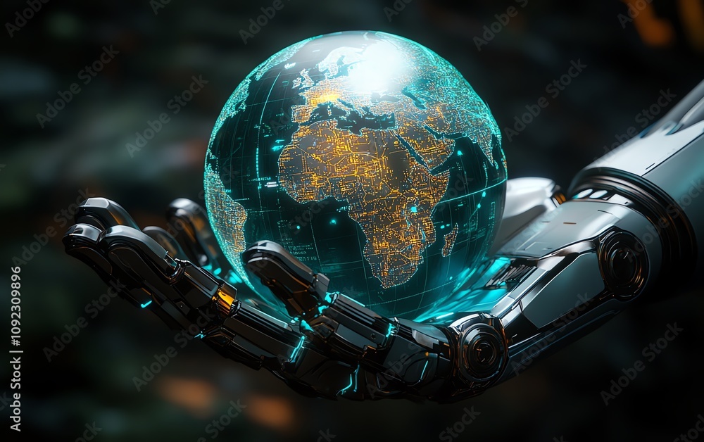 Poster 3d rendering of a digital blue robotic hand holding a world map globe, future technology concept, da