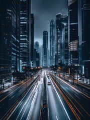 Fototapeta premium A breathtaking night view of a bustling city, showcasing illuminated skyscrapers and vibrant streets filled with moving cars, embodying the essence of modern urban life.