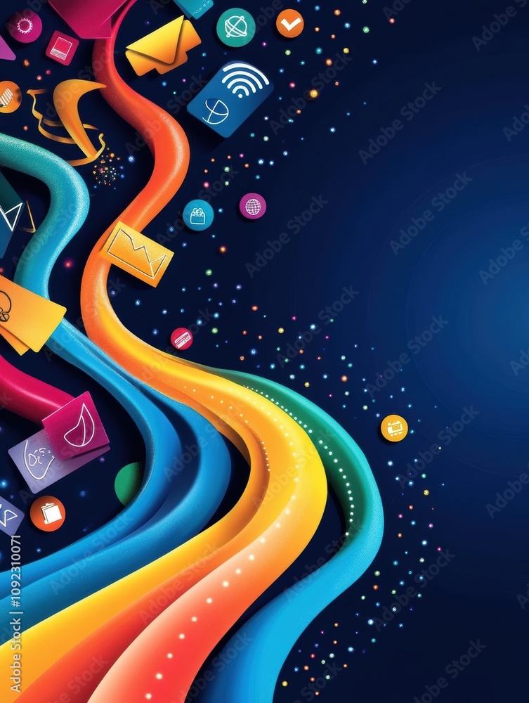 Poster a dynamic graphic showcasing colorful pathways intertwined with various digital icons, representing 
