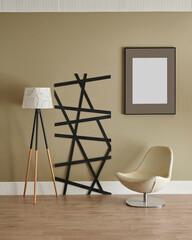 Decorative modern room wall concept, chair lamp and frame style.