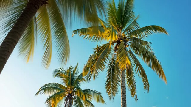 Tropical palm coconut trees on sunset sky flare and bokeh nature.