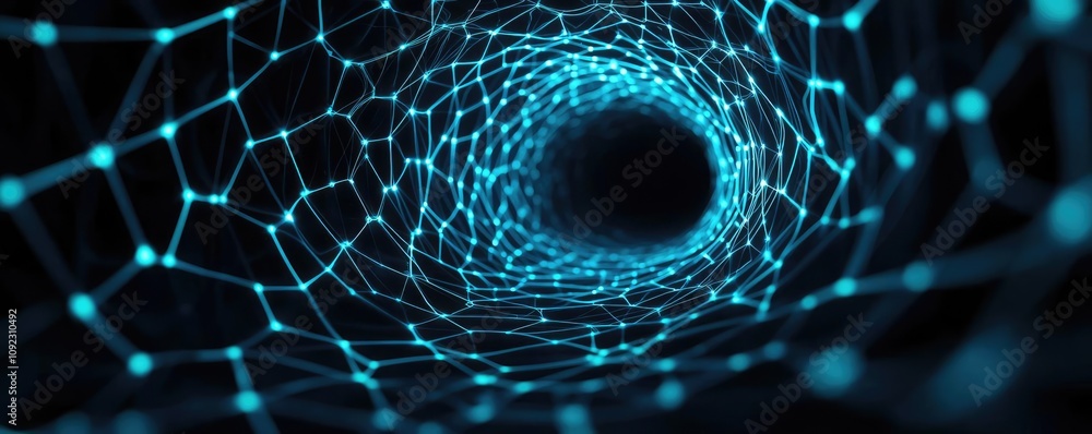 Poster abstract network tunnel with glowing blue lines on a dark background.