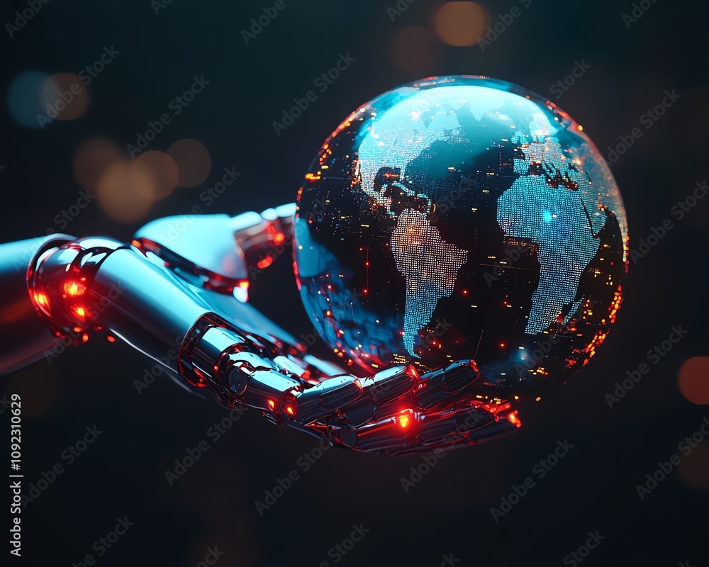 Poster artificial intelligence and future technology concept, blue robotic hand holding a glowing world map