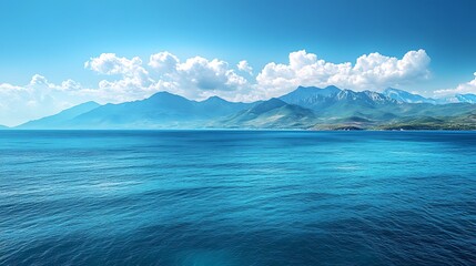Expansive shot of the azure sea, deep blue waves meeting the horizon with distant mountain silhouettes. The sky is bright and clear, with drifting cloud layers, photorealistic clarity,